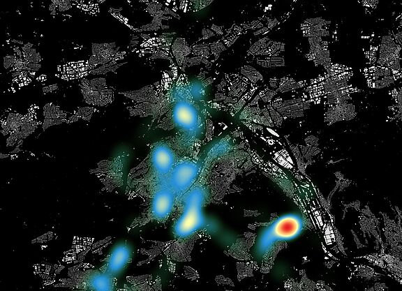 Heatmap Cape Reviso Visualisierung Projekt Cape Reviso: Die Heatmap zeigt, wo Radfahrende in Stuttgart besonders eng überholt werden.